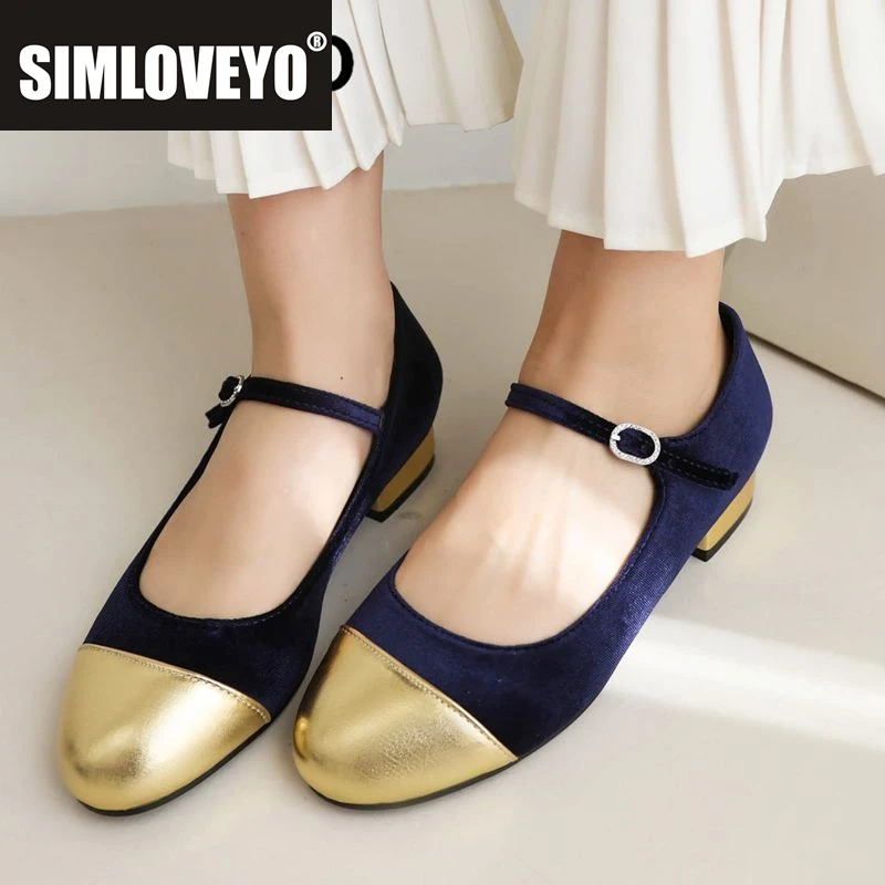 

SIMLOVEYO Fashion Women Flats Round Toe Buckle Plus Size 45-48 Sweet Soft Mary Janes Ladies Flats Strap Mixed Color Flock Suede