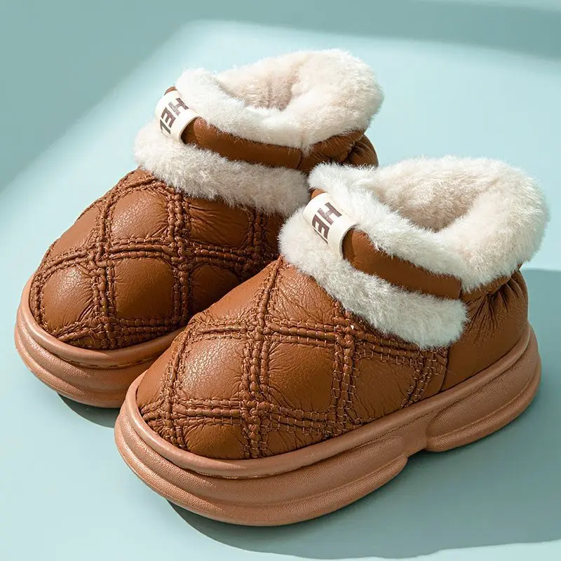 Solid Plaid Children Slippers Winter PU Leather Boys Girls Indoor Shoes Thick Warm Plush Soft Bottom Kids Slippers