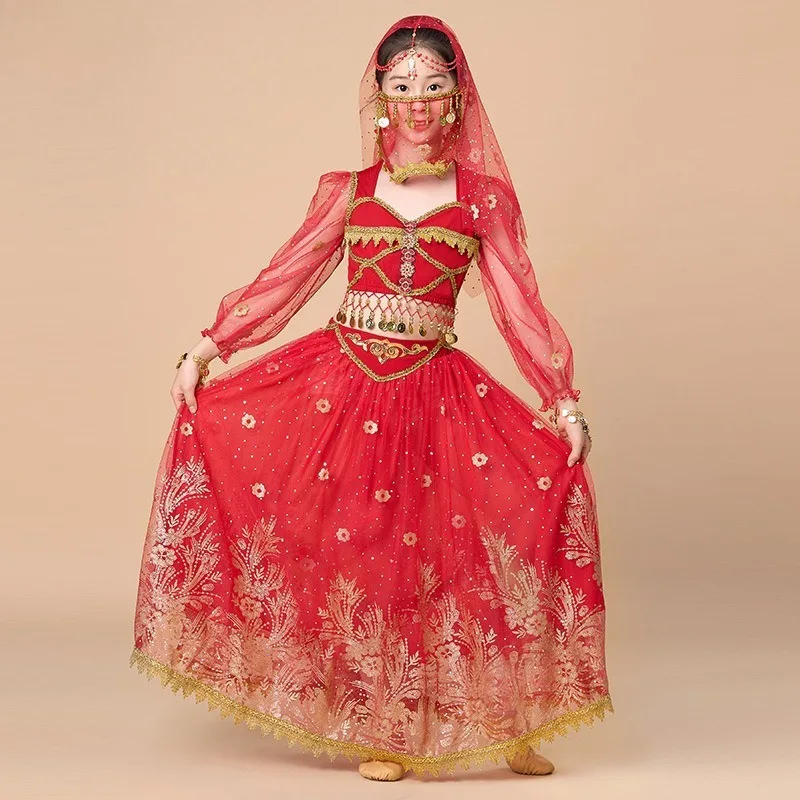 Vestido de dança indiana infantil personalizado, vestido de performance para meninas, roupas de dança do ventre, conjunto de vestido de princesa jasmim exótico