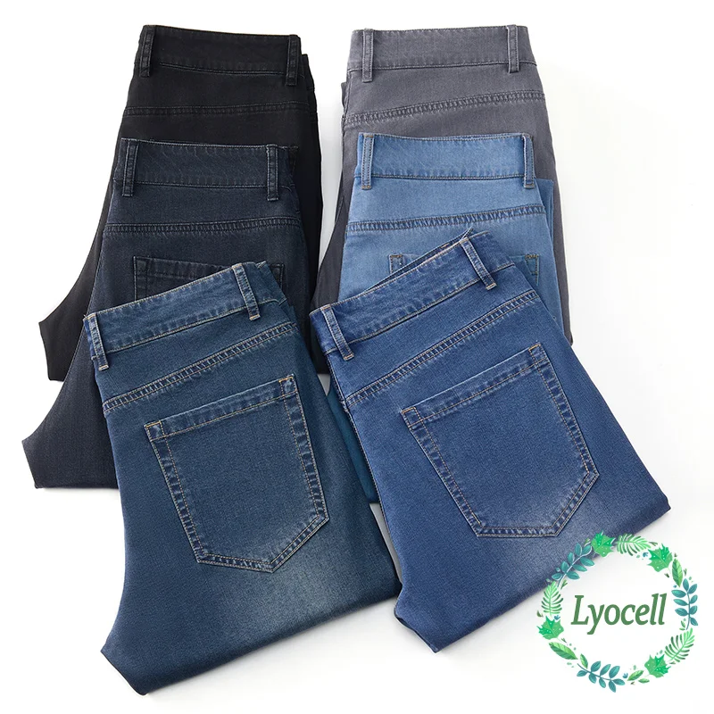 

High Quality Summer Lyocell Fabric Men's Jeans Classic Simple Business Straight Denim Pants Work Trousers Male Plus Size 29-40