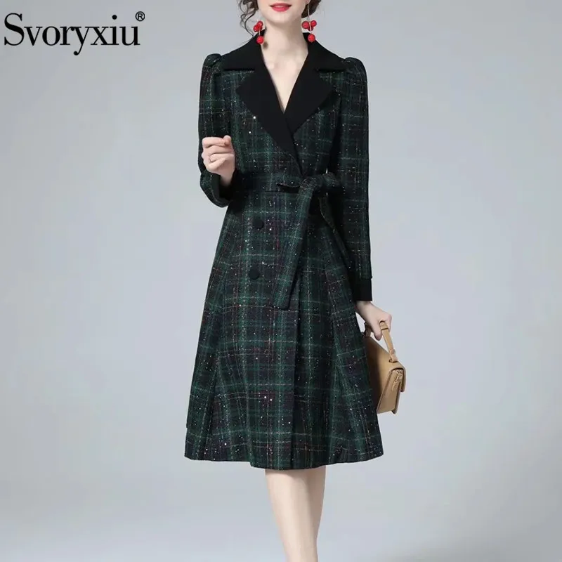 

Svoryxiu Fashion Woman Autumn Retro Long Section Overcoat Lapel Bow Sashes Plaid Pattern Single Breasted Female Casual Jacket