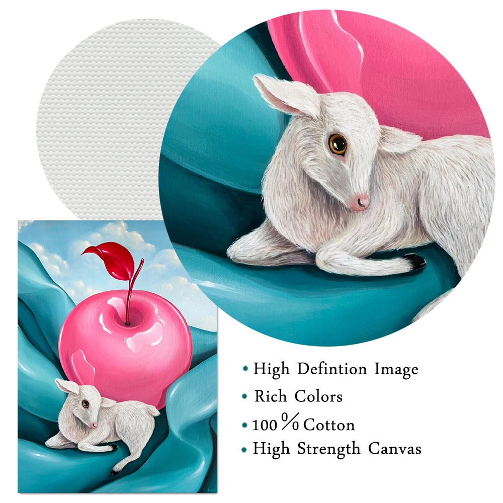 سريالية نمط لطيف الحيوانات خروف ، أرنب ، الأيدي الصلاة ، الفاكهة الرسم على لوحات القماش الجدارية الملونة ملصق فني طباعة للديكور المنزل