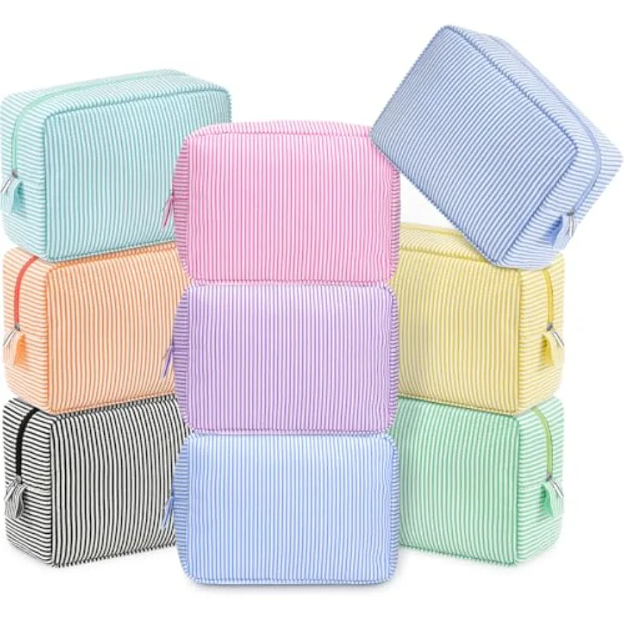 

9 Seersucker Cosmetic Bag Bulk Striped Makeup Bag for Women Aesthetic Cute Travel Toiletry Organizer Preppy Storage Pouch for W