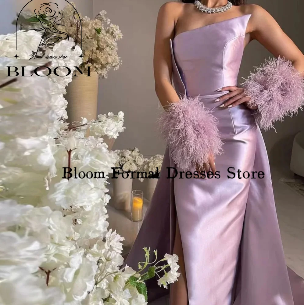 Bloom Customized Lavender Satin Strapless Prom Dresses Side Split Plush Oversleeves Noble Evening Dresses Wedding Party Gown