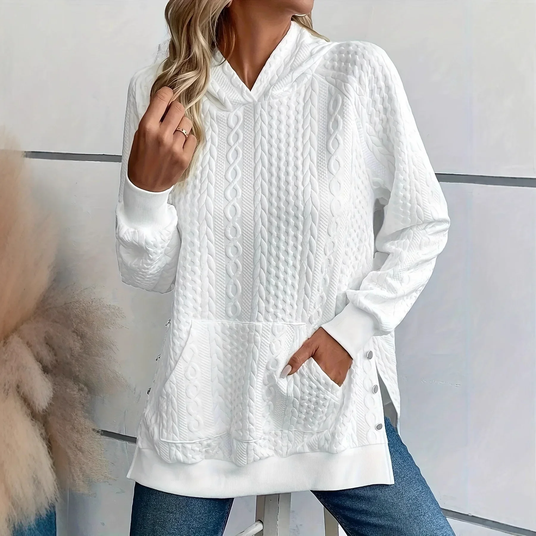 Ladies Casual Hoodie Long Sleeve Cable Jacquard Texture Top Side Slit Button Design Loose Pullover Sweatshirt