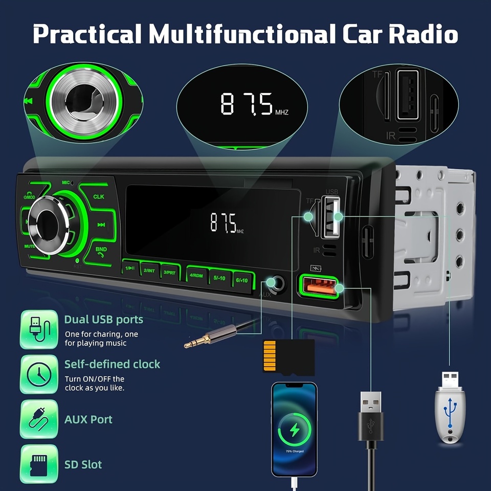 1DIN In-Dash FM Stereo, Digital Audio Music Stereo Car Player Radio MP3 Player, Compatible with RCA/USB/SD/AUX-IN And Features