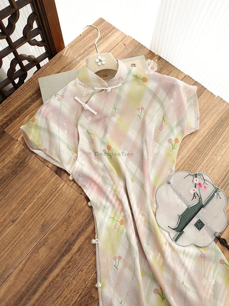 

2026new chinese improved retro style pink cheongsam women spring new daily fashion printed short sleeve stand collar qipao dress
