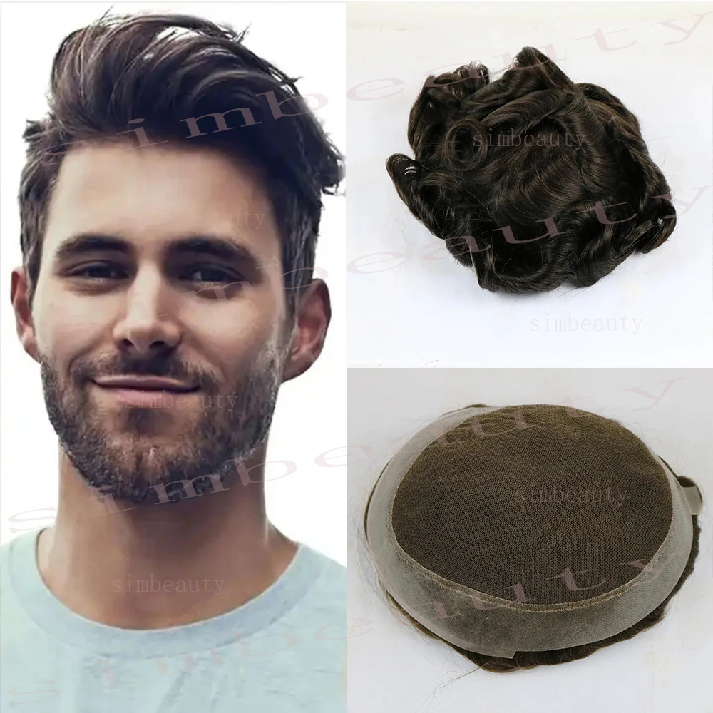 Super Durable Australia Lace with PU Base Toupee for Man Hair Prosthesis Brown Indian Human Hair Unit Natural Hairline Hairpiece