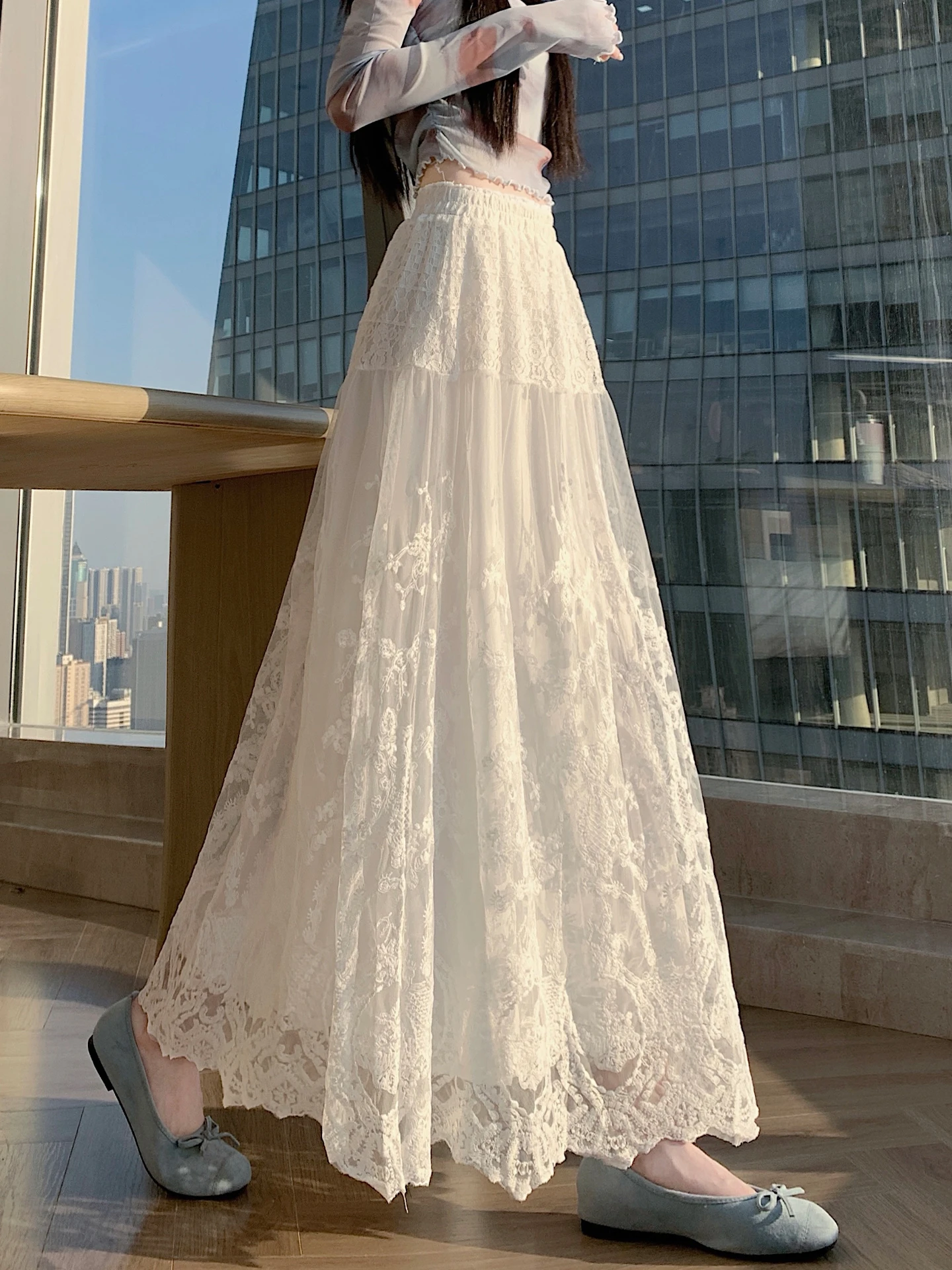 

White Lace Inner Skirt Half-length A-line Umbrella Skirt Women's Spring Summer New Style Fairy Tale Beautiful Mesh Skirt