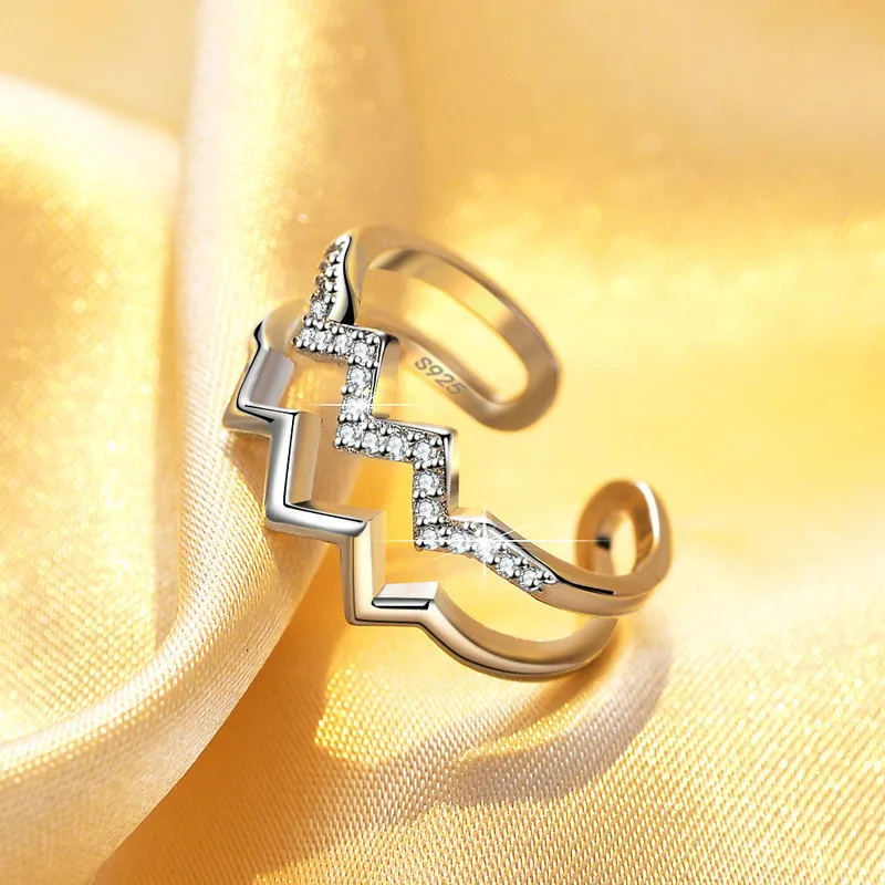 Korean Style Wave Ring Open Ring Micro Paved Zirconia Double Layer Simple Curve Ring for Women Fashionable Jewelry Accessory