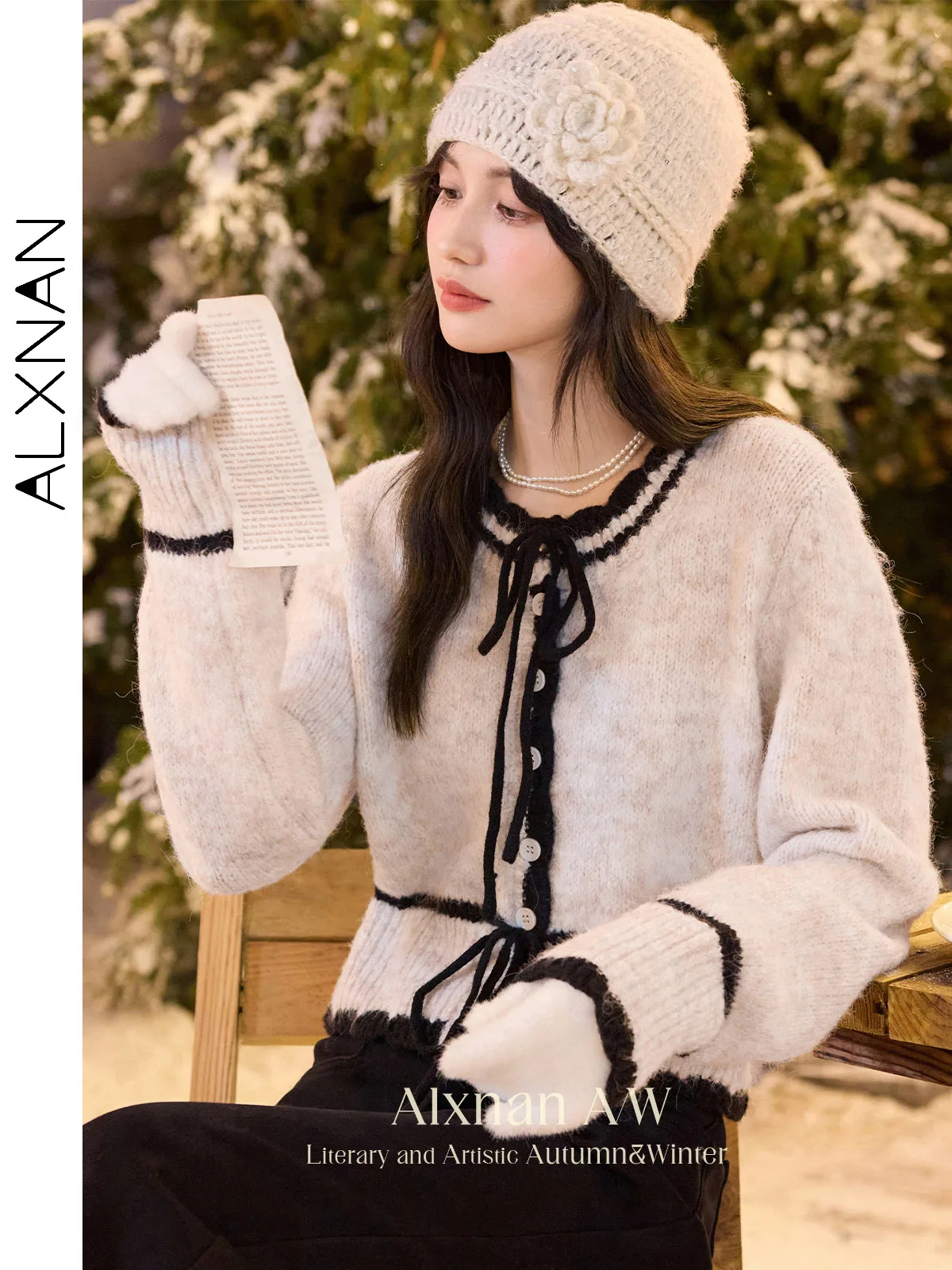 

ALXNAN Woman Patchwork Cardigans Warm O-neck Lace-up Bow Long Sleeves Sweaters 2024 Winter Loose Slimming Knitwear Female L52579