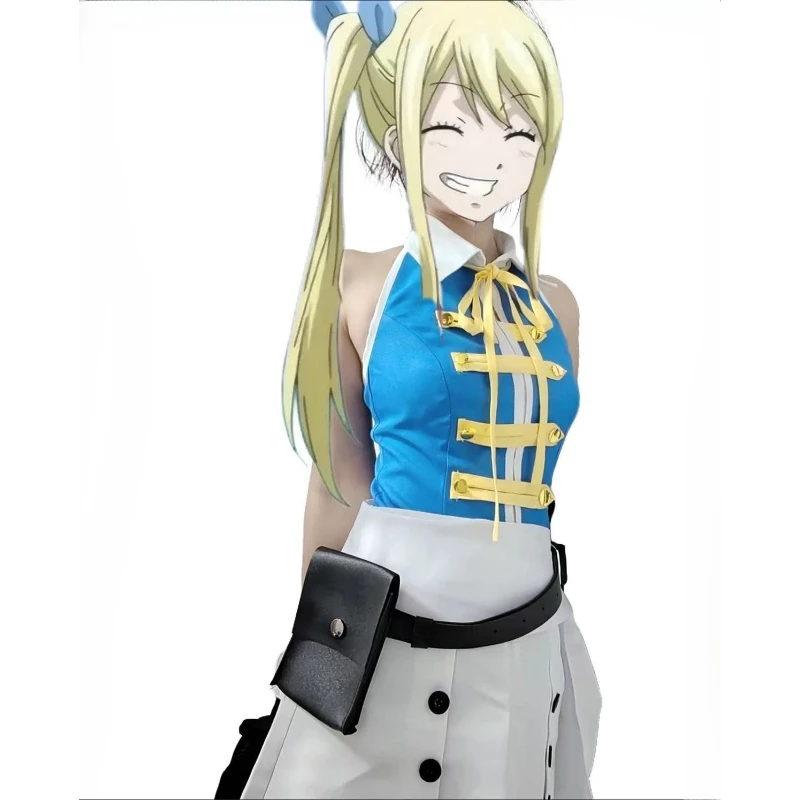 

Lucy Heartfilia Cosplay Costume Anime Fairy Tail 100 Years Quest Women Blue Top Skirt Uniform Sticker Hairpin Full Set