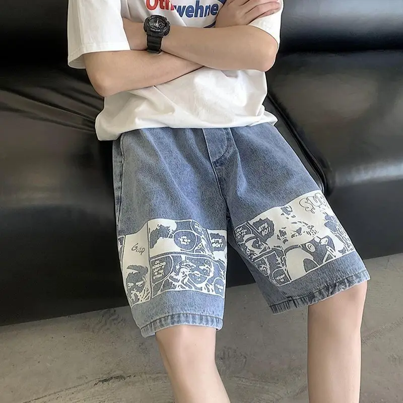 

Mens Patchwork Cartoon Graphic Print Loose Fit Denim Knee Length Shorts