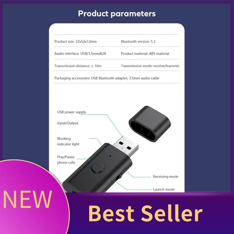 HFES Bluetooth 5.3 Transmitter Receiver, 3.5Mm Aux Wireless USB Adapter, Built In Mic, Music Streaming, Handsfree Calls Replacem