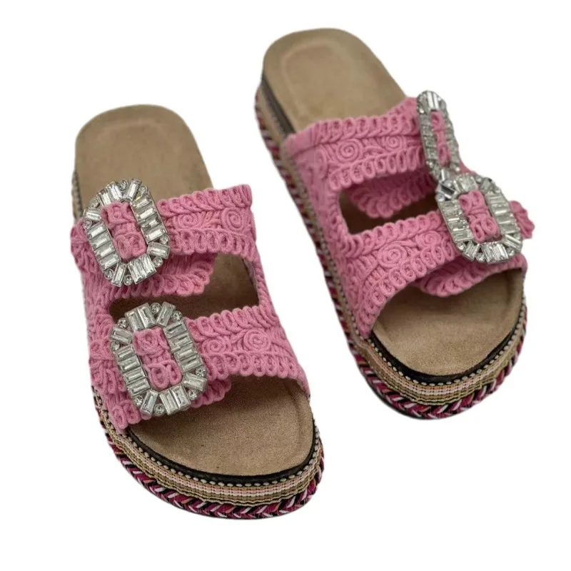 2024 new thick-soled hemp rope double buckle square buckle cork beach slippers plus size women shoes claquette femme