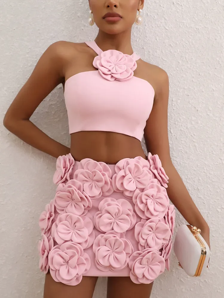 2024 New High End Fashion Peach Pink Outfits for Women Sleeveless Appliques Crop Tops and Flowers Mini Skirts Party Dress