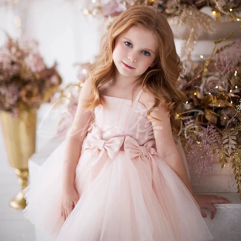 Western-Style Toddler Girl Princess Dress Pink Bow Sweet Puffy Tulle 1st Birthday Party Gown Kids Dresses for Girls Sequin Dress