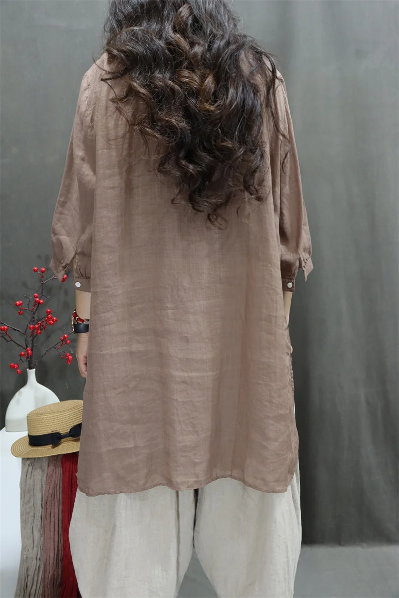 Chinesischen Stil Vintage Bestickt Hemd Frauen Sommer Neue Lose Split Weibliche Lange Tops Mode Dünne Frauen Bluse