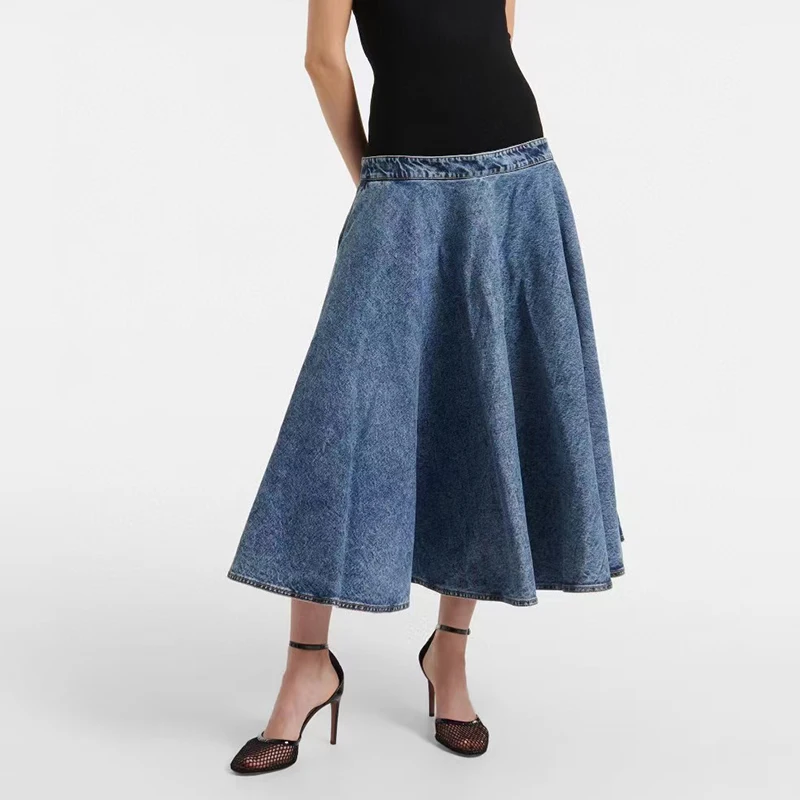 

Women's Knitted Thread Splicing Big Hem Denim Skirt, Washed, Elasticated High Waist Half Skirt, High Quality Cotton, Summer, New