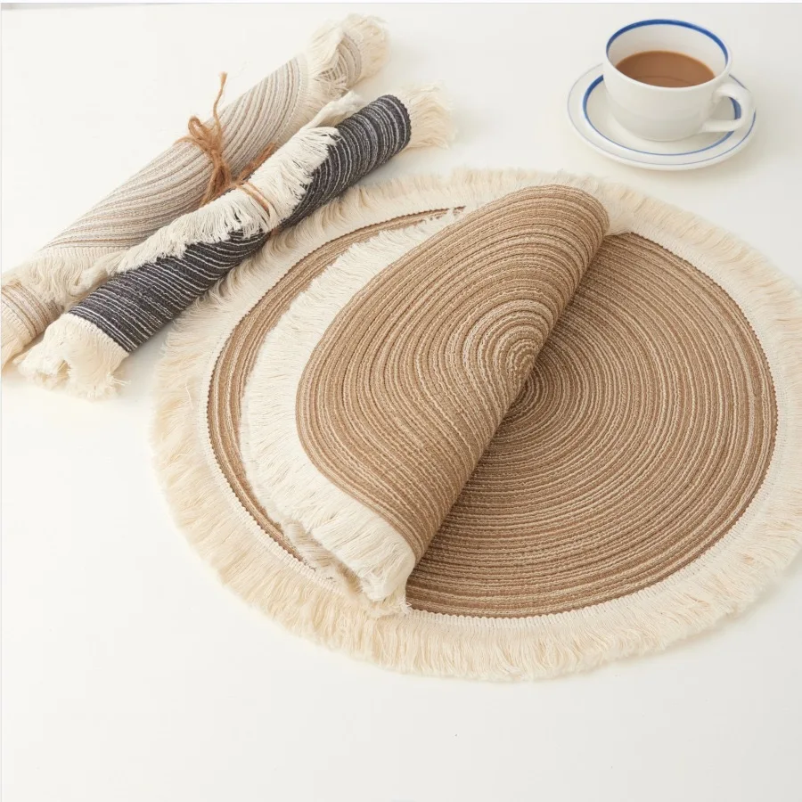 4pcs/Set Ramie Western Food Mat Bowl Mat Tea Mat Tassel Edge Cotton Yarn Insulated Vegetable Mat Plate Mat Round Meal Mat