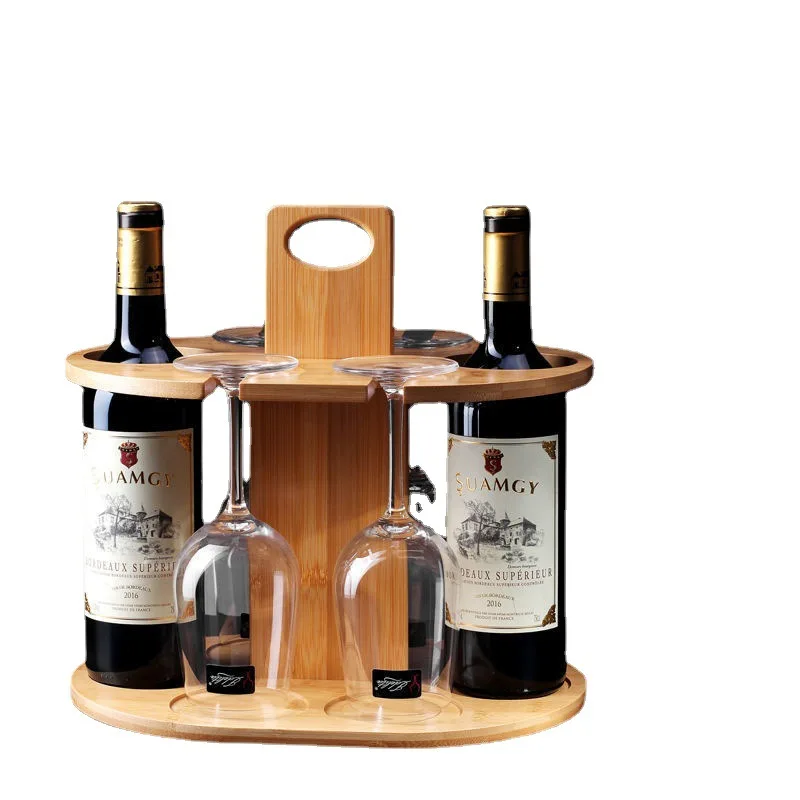 Natural bamboo Wine Rack Wine Glass Hanging Drying Stand Organizer on Countertop Tabletop Wine 2 Bottle Holder & 4 Glass Rack