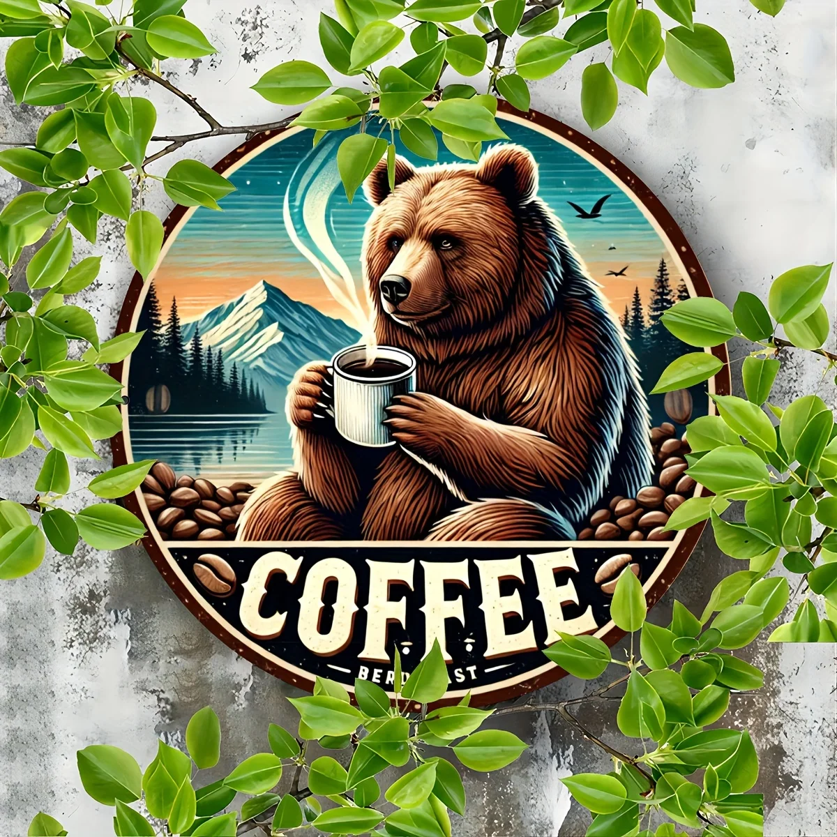 Mountain Brown Bear Coffee Cup Round Metal Sign