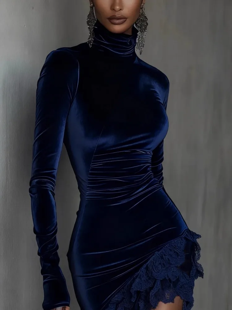 Elegante gola alta renda vestido de veludo mulher sexy elegante temperamento vestido fino vintage manga longa primavera outono mini vestido 2026