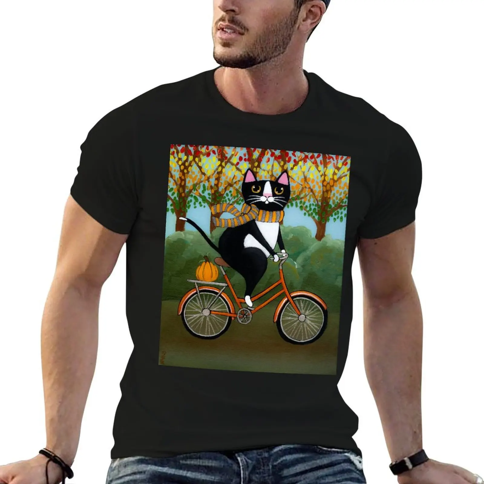 

Autumn Cat on a Bicycle T-Shirt anime tshirt t shirts for man slim fit man t shirt summer T-shirt