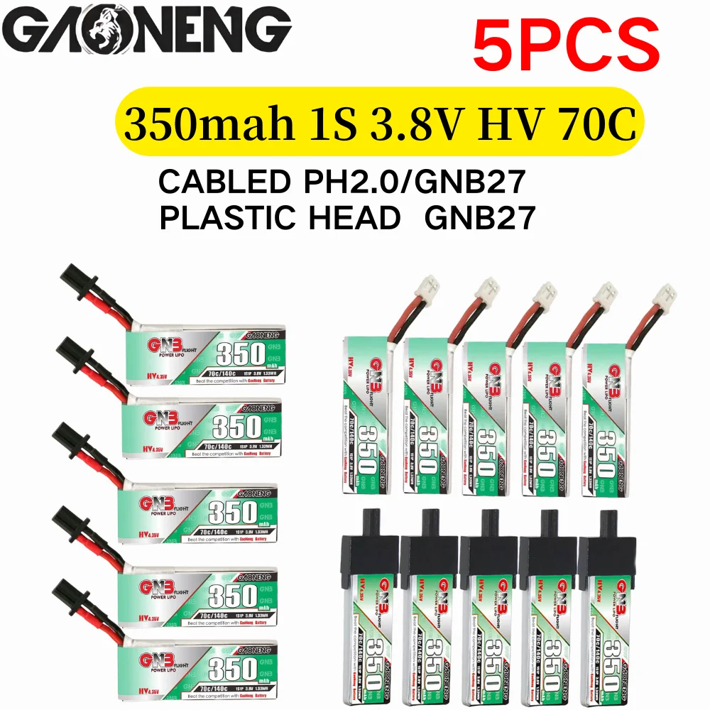 5PCS GAONENG GNB 1S 350mAh 3.8V 70C 140C Lipo Battery With PH2.0/GNB27 Connector for Mini Quads FPV DRONE Emax NanoHawk