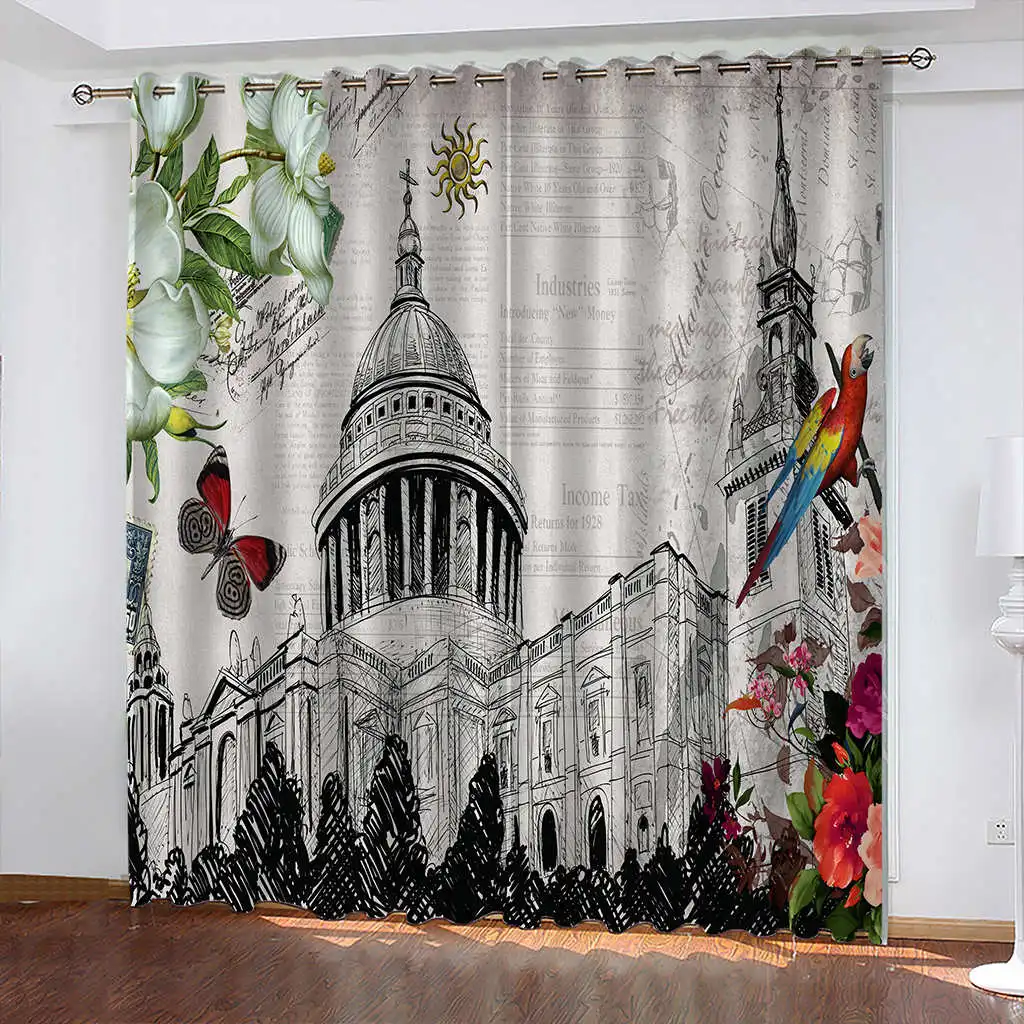 

Retro Architectural Printing Curtains Living Room Woven Blackout Curtains Cotinas De Sala Luxury Decor 336cmX229cm Flat Window