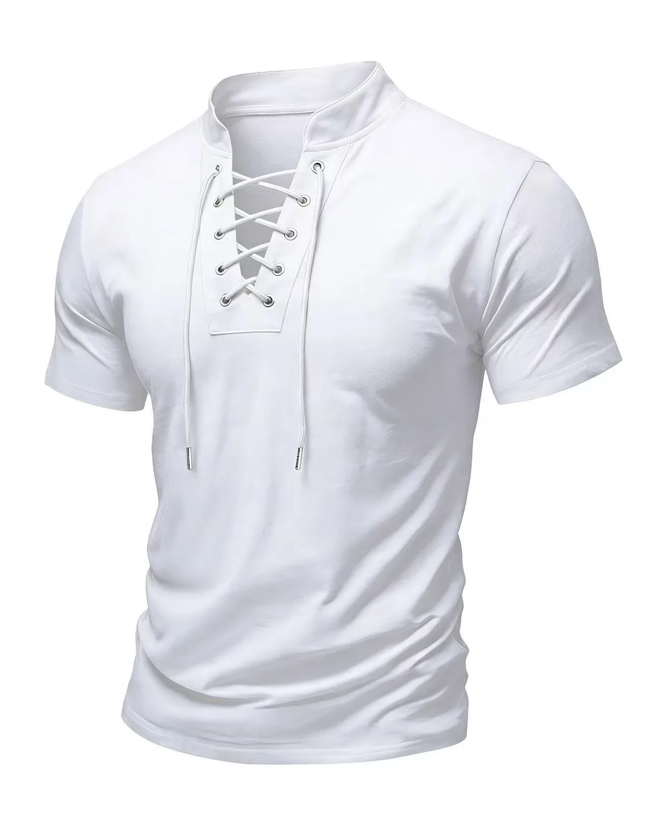 Men's Lace-up Short Sleeve T‑Shirt, Casual Fashion Tee, Plus Size Men's Clothing