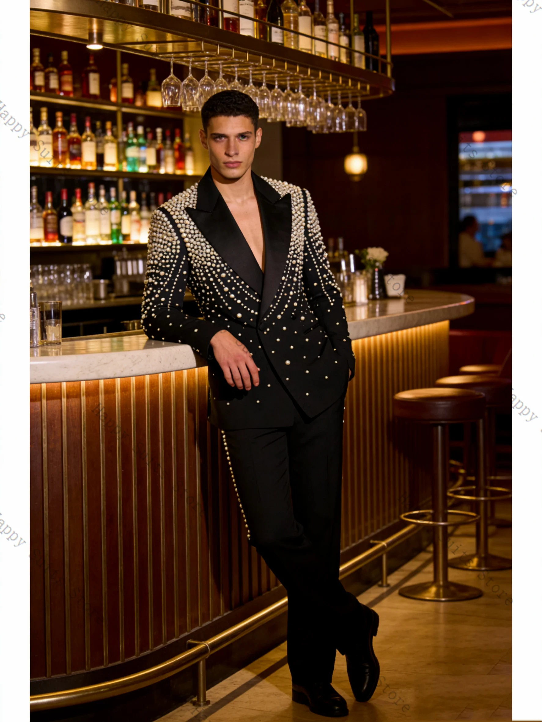 

Luxury Pearls Men Suit Set 2 Pcs Black Blazer+Pants Trousers Cotton Formal Office Coat Wedding Tuxedo Customized Jacket Outfit