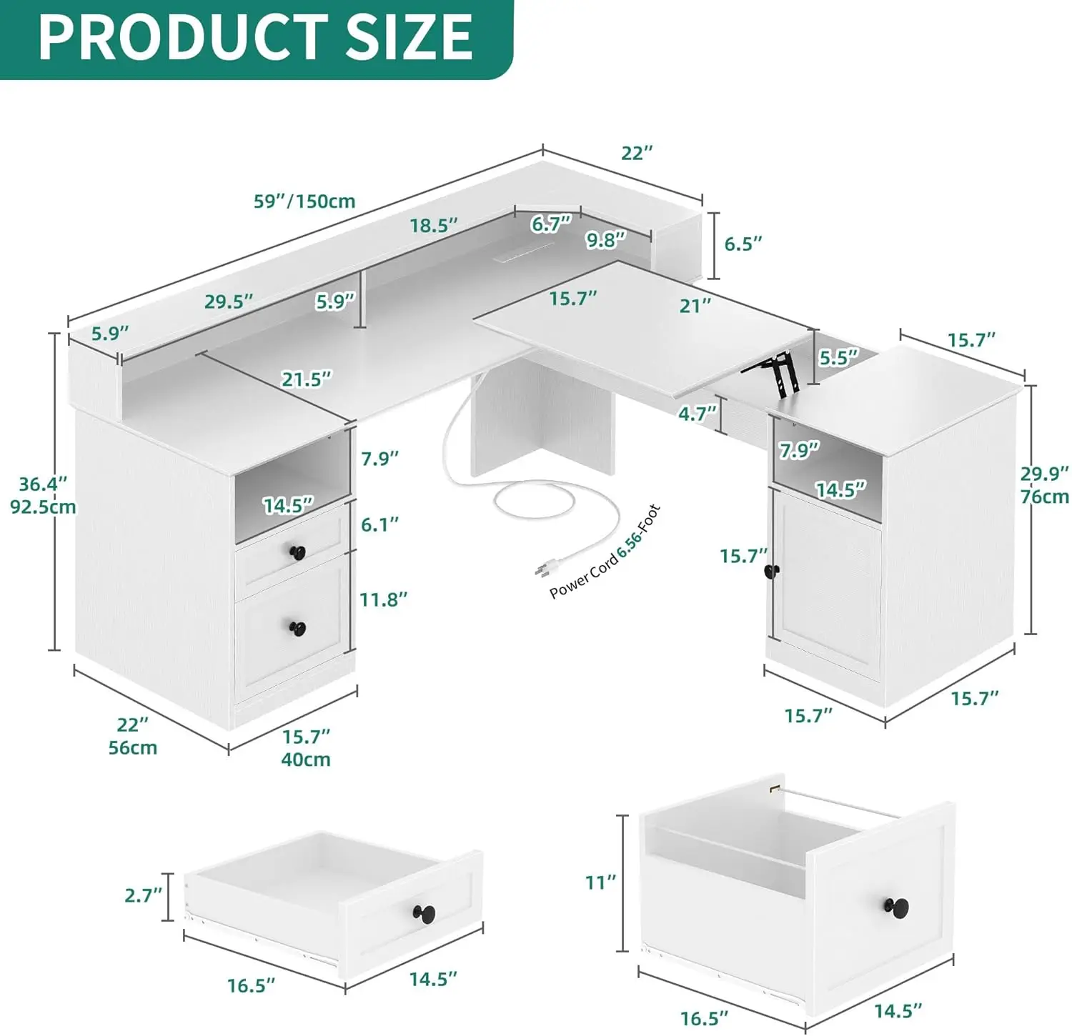 Dwvo L Shaped Desk With Drawers, 60