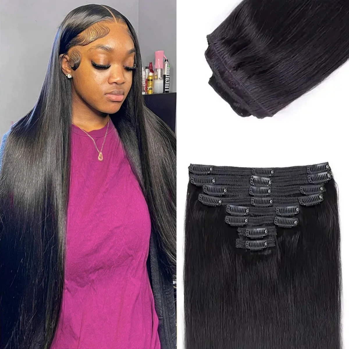 Straight Clip In Hair Extensions Natural Human Hair #1b Natural Black Color #1 Full Head Set Clip Ins 100% Real Human Hair