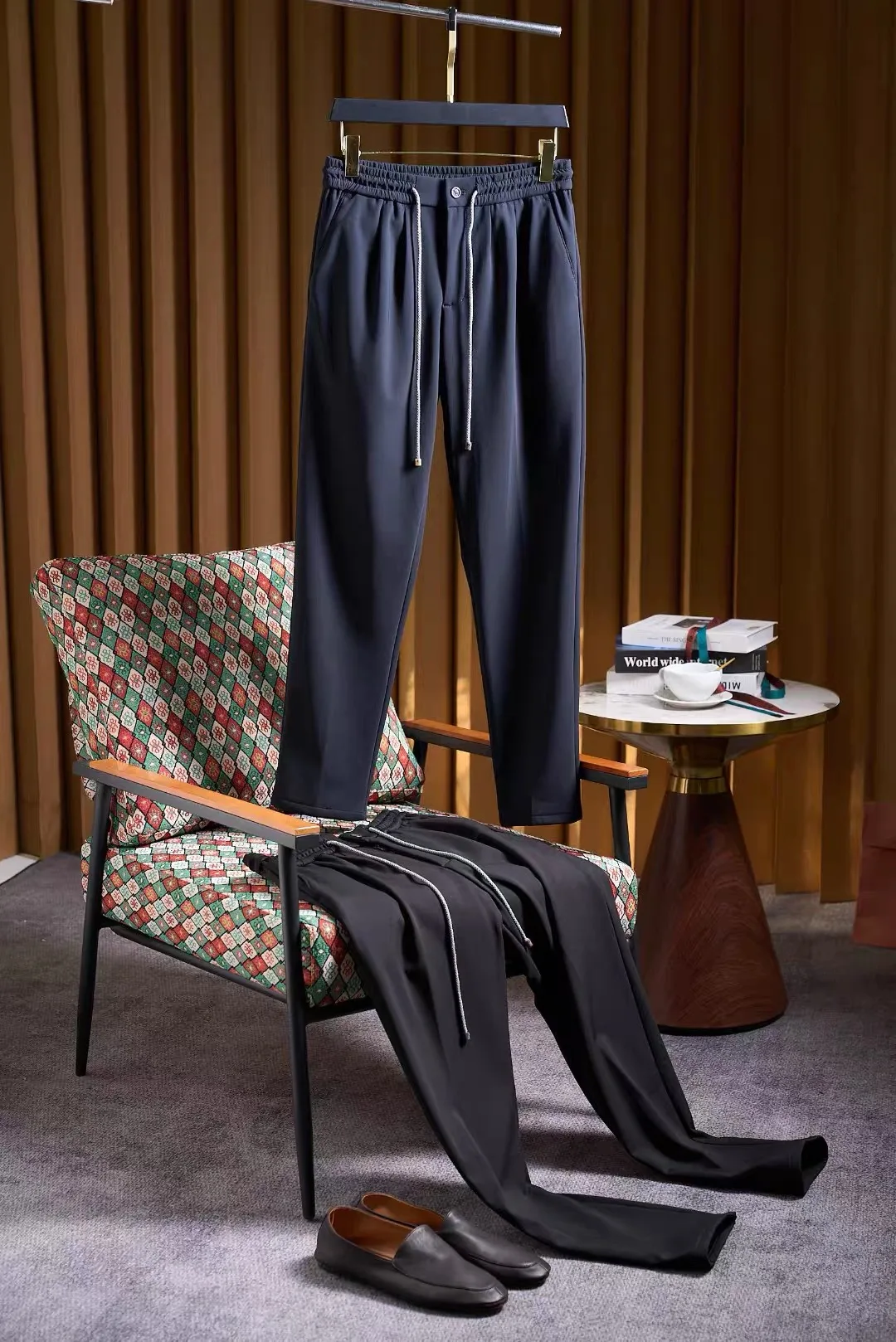 

Warm Fce Lined Elastic Waist Dstring Straight Leg Slim Fit Casual Pants Men's Autumn Winter Modal Blended Clothing