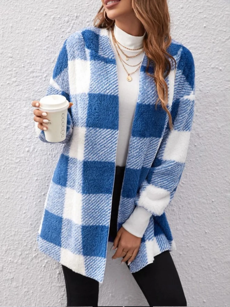 2024 Winter Plaid Color Block Women Cardigan Hooded Loose Ribbed Long Sleeved Sweaters Warm Plush Comfortable Knitted Clothing