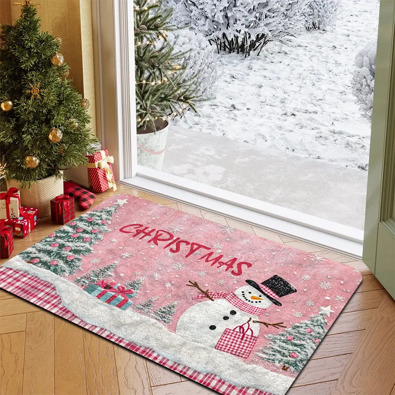 1pc Christmas Snowman Festive Door Mat Featuring a Classic Red And White Checkered Scarf And a Handbag, with a Cute Snowman Design Paired with a Pink Gift Box