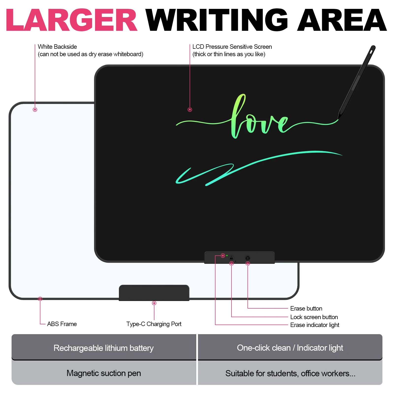 Tablet de escrita LCD recarregável de 20 polegadas, prancheta de desenho de grafite apagável multicolorida para aprendizagem e educação