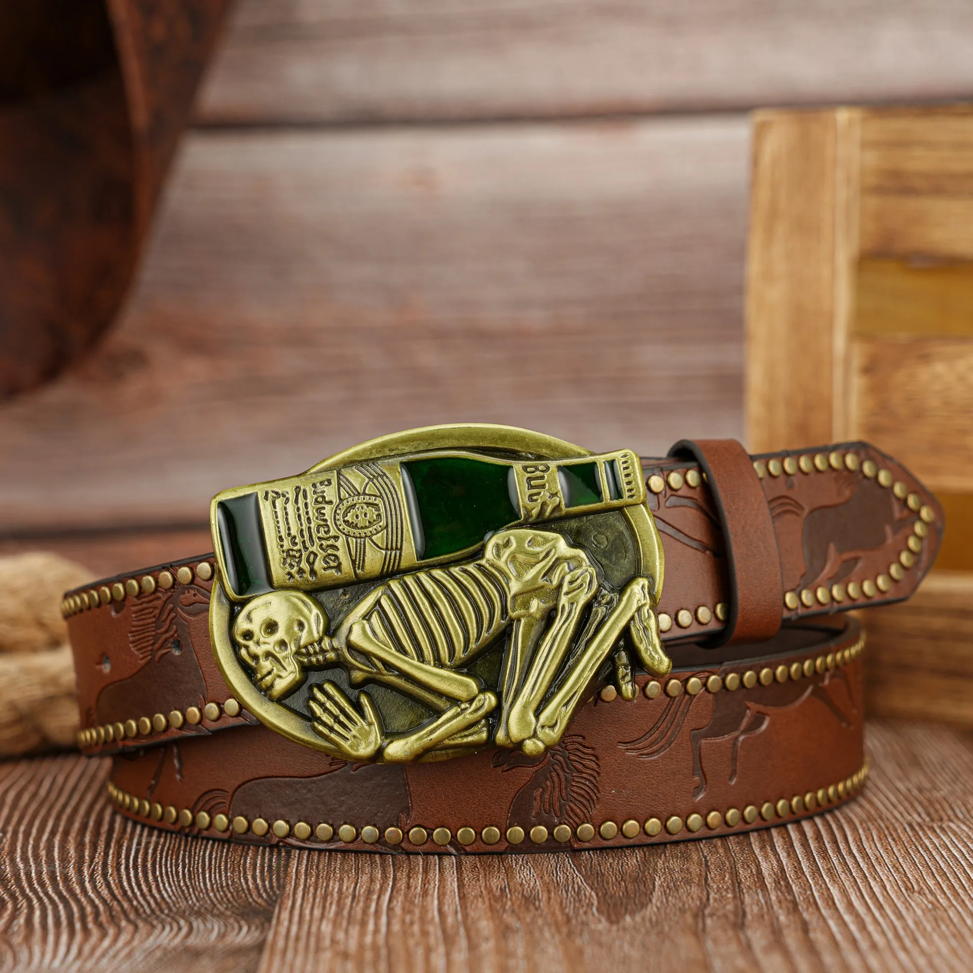 Wine bottle Skull buckle personality vintage steed PU embossed rivet belt