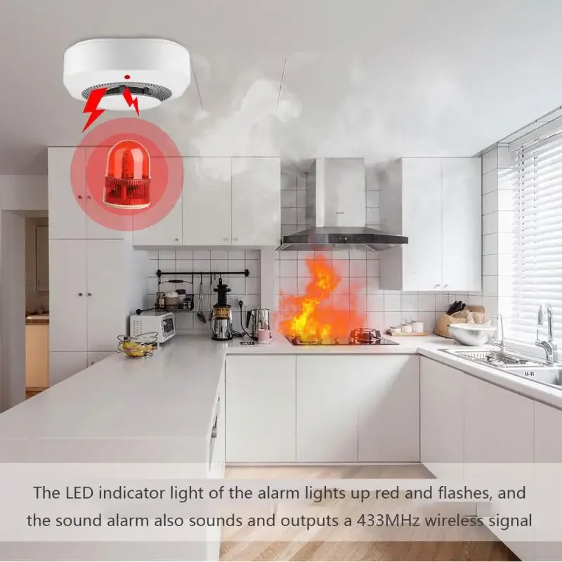 เครื่องตรวจจับควันไร้สาย 433MHz Fire Alarm Sensor สําหรับความปลอดภัยภายในบ้านในร่ม Garden Security