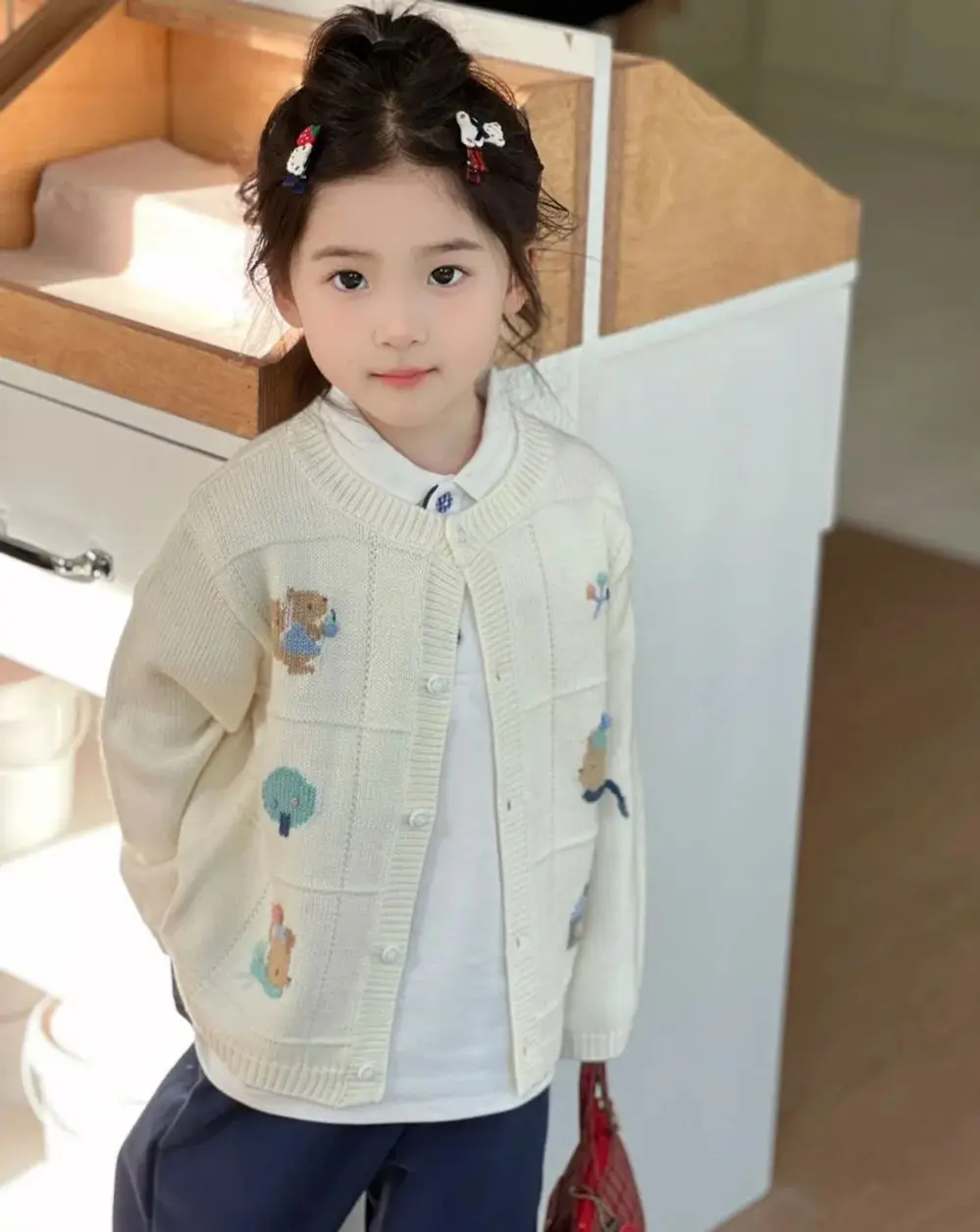 

kids girls clothes girls cardigan Cartoon pattern hand embroidery Off white knitted cardigan Spring sweater coat
