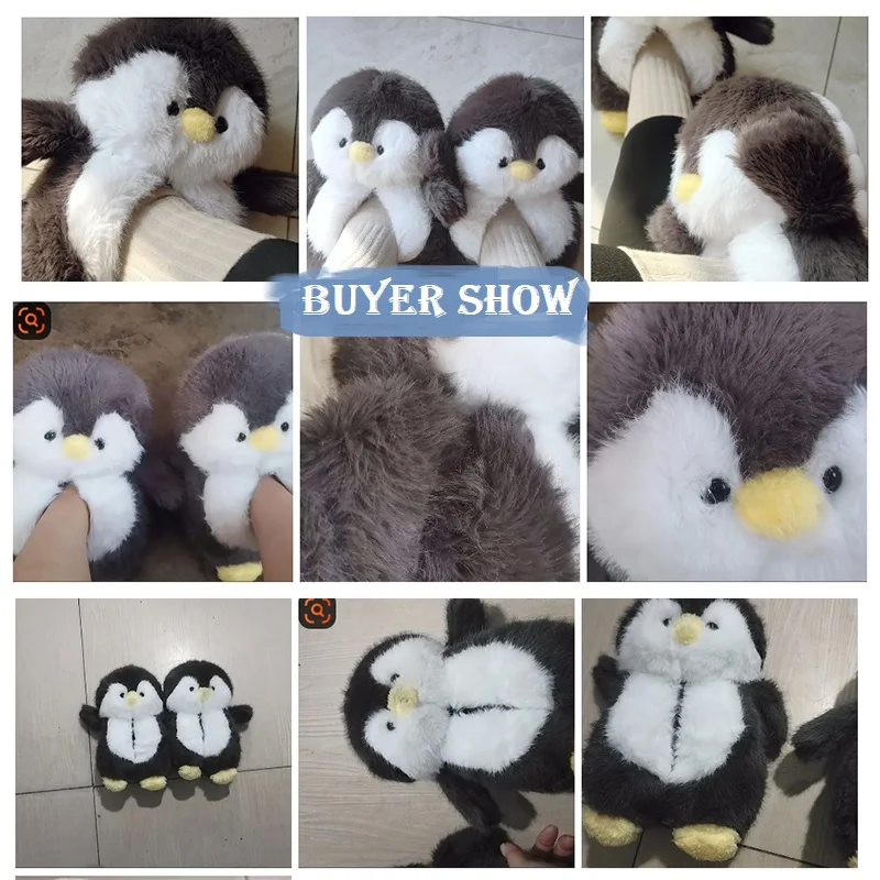 Lovely cartoon penguin slippers woman home keep warm shoes winter womens animal fur slides fluffy indoor slipper lady room scuff