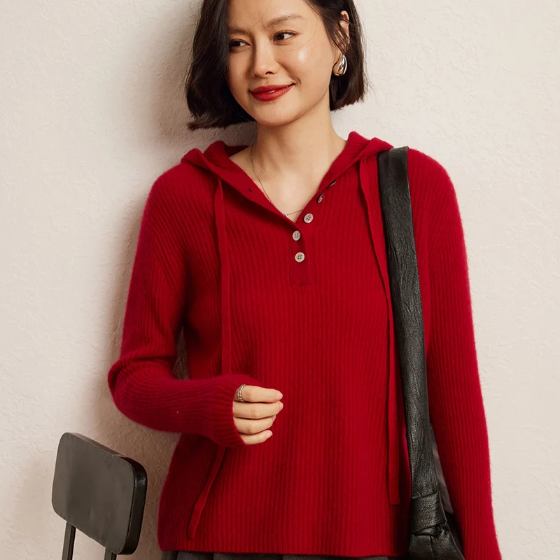 Autumn Winter Luxury Women's 100% Cashmere Hooded Sweater Soft Warm Pullover Popular Hoodie Jumpers Casual Female Knitwear Tops