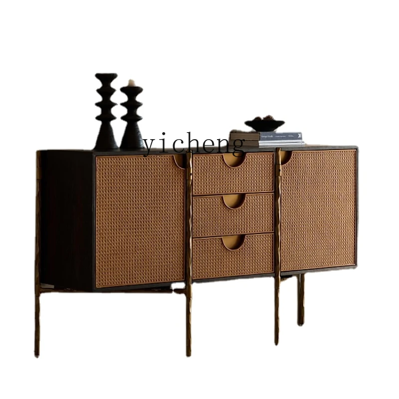 ZC Modern Minimalist Forged Cast Iron Art Sideboard Cabinet Antique Retro Distressed Rattan Storage Cupboard