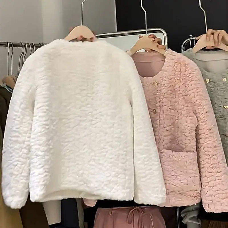 2025 Spring Autumn New Lambswool Jacket Women's Mao Maoc Outwear Fashion Round Neck High Loose Warm Lambswool Coat Tops