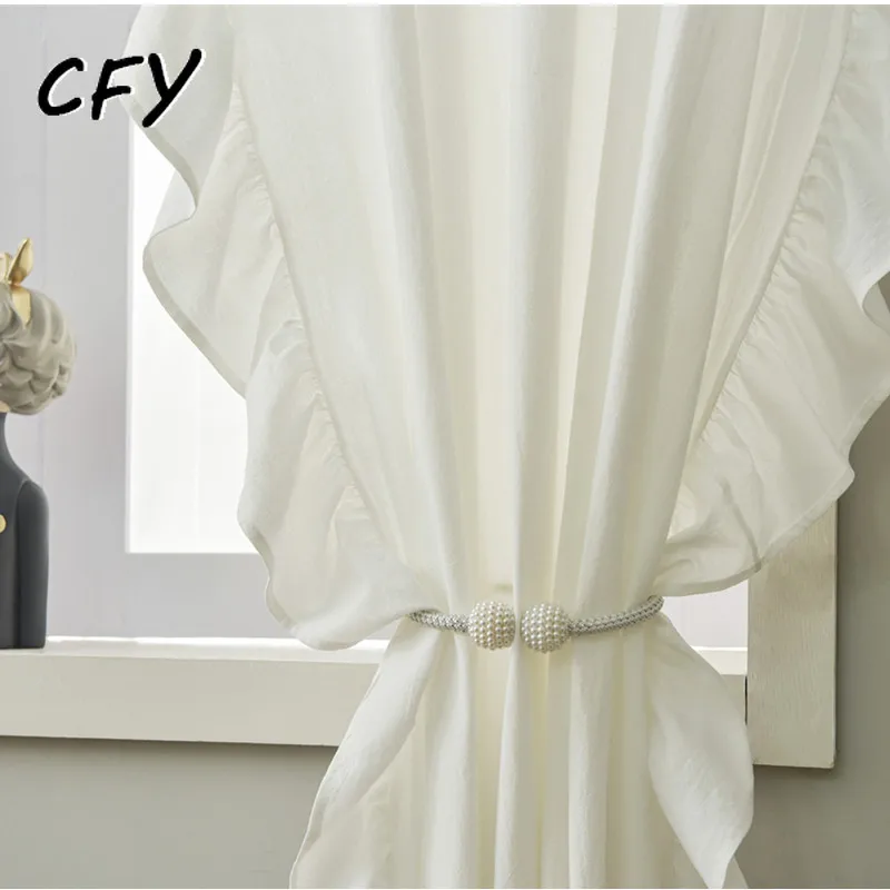 

Cotton Retro Ruffle White Curtain for Living Room Rod Thick Linen Fabric Drapes for Bedroom Farmhouse Window Curtain with Hooks