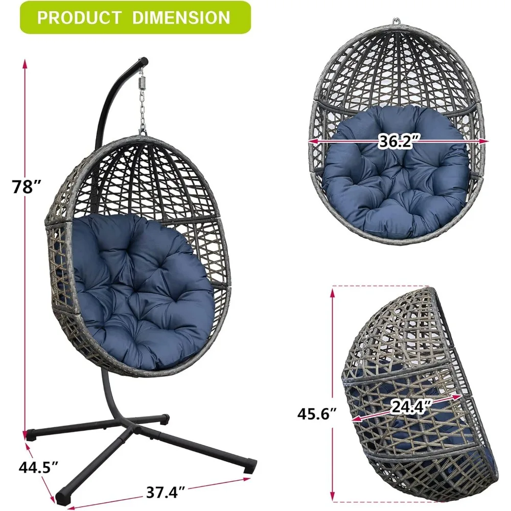 Outdoor Indoor Wicker Rattan Egg Hanging Chair with Stand,All-Weather Hammock Swing Chair with Navy Blue Cushion