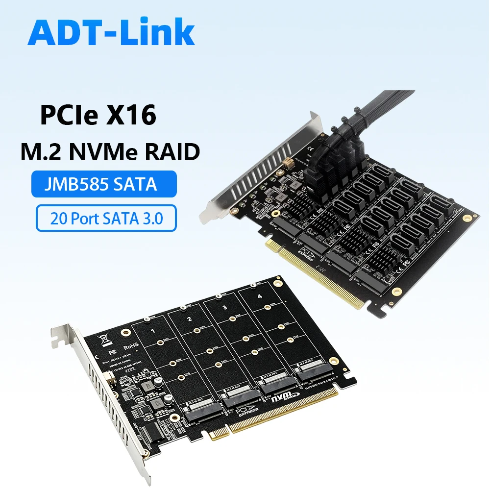 PCIe X16 Signal Split Card 4-Disk M.2 NVMe RAID Card / JMB585 PCI-E3.0/4.0 To 20 Port SATA3.0 Adapter, PCIe Bifurcation Required