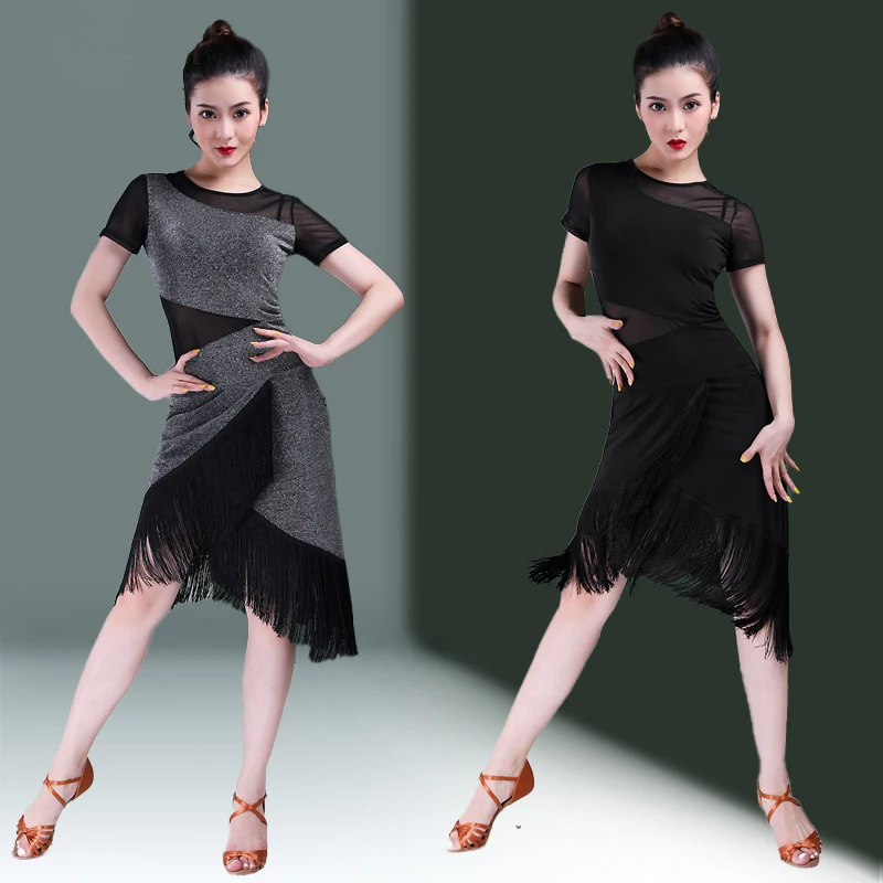 

Sexy Latin Dance Clothing Women Black Woman Sequins Skirt Fringed Dress Samba Dresses for Prom Wear Line Suit Practice Rumba Use