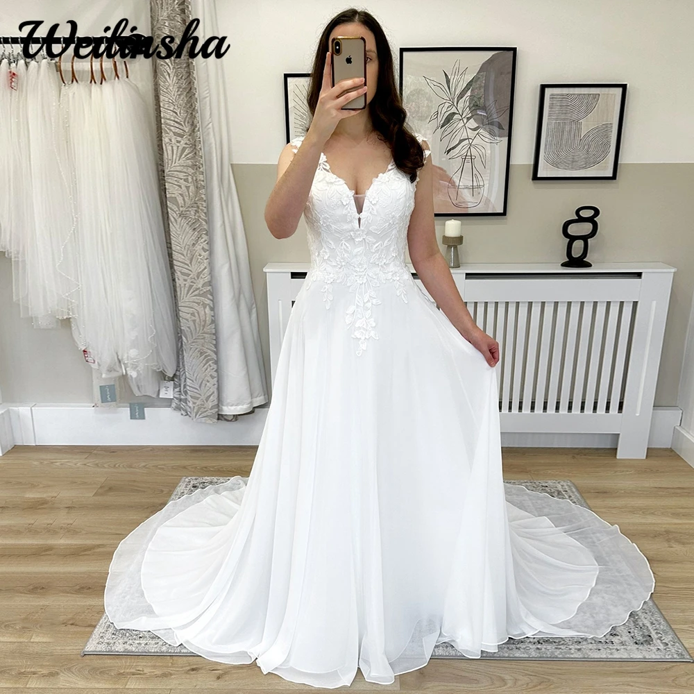 

Weilinsha Wedding Dress 2024 Modern A Line Chiffon Bridal V Neck Appliques with Court Train Vestido De Novia for Woman